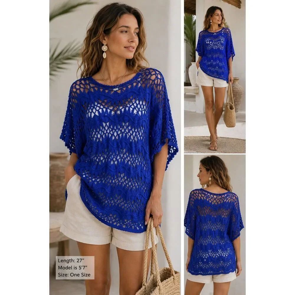 Chico's Royal Blue Open Crochet Knit Sweater Sz 0 / S boho nautical Festival hip